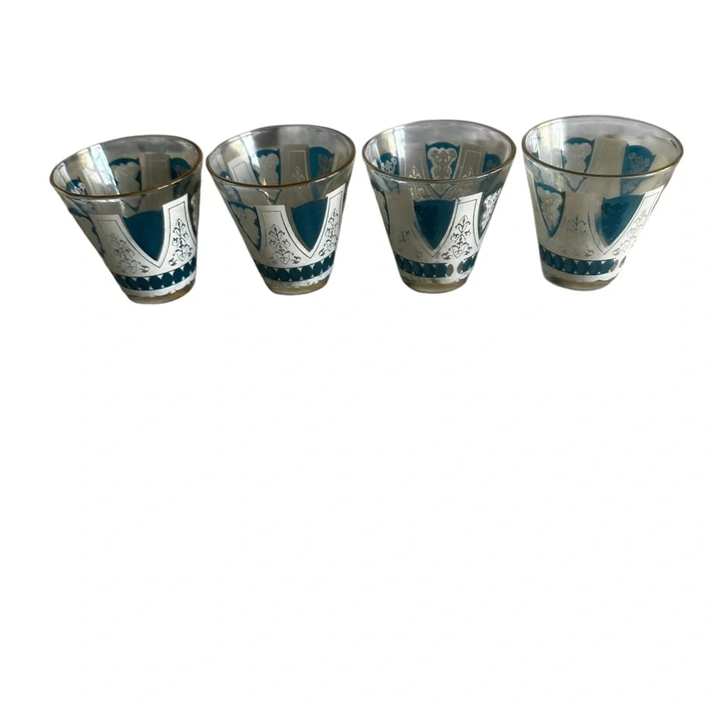 VINTAGE 4 BLUE AND WHITE MID CENTURY RETRO BARWARE LOWBALL TUMBLERS